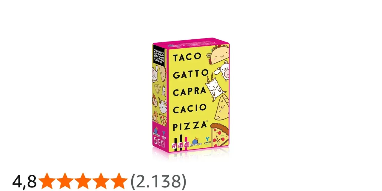 Scatola del gioco Taco Gatto Capra Cacio Pizza con disegni simpatici di un taco, un gatto, una capra e una pizza.