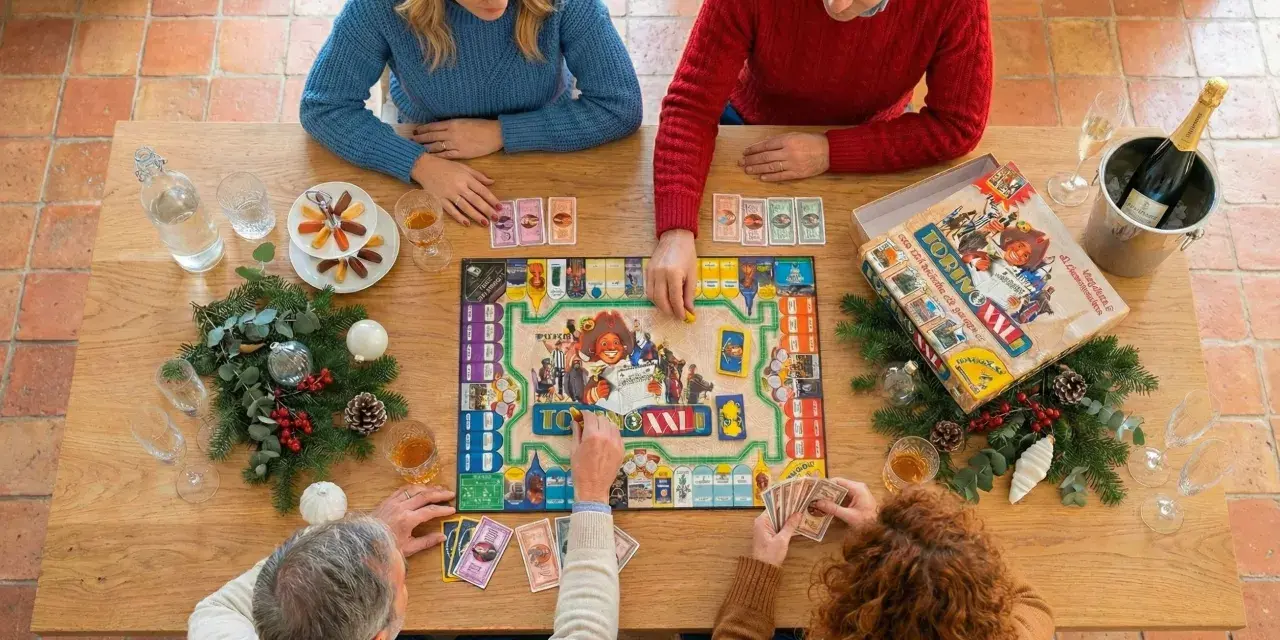Famiglia riunita attorno a un tavolo di legno per divertenti giochi sociali, con un gioco da tavolo, carte, bevande e decorazioni natalizie.