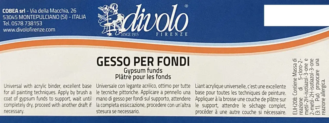 Impasto di gesso e vinavil per fondi, ideale per ogni tecnica pittorica. Si applica a pennello, attende l'essiccazione e si procede con altre stesure se necessario.
