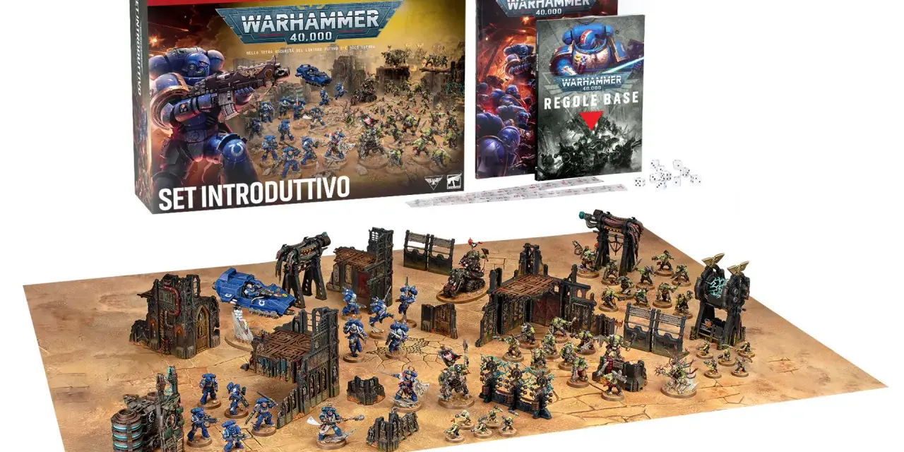 Il set introduttivo di Warhammer gioco da tavolo presenta Space Marine e Orki su un campo di battaglia con rovine e dadi.