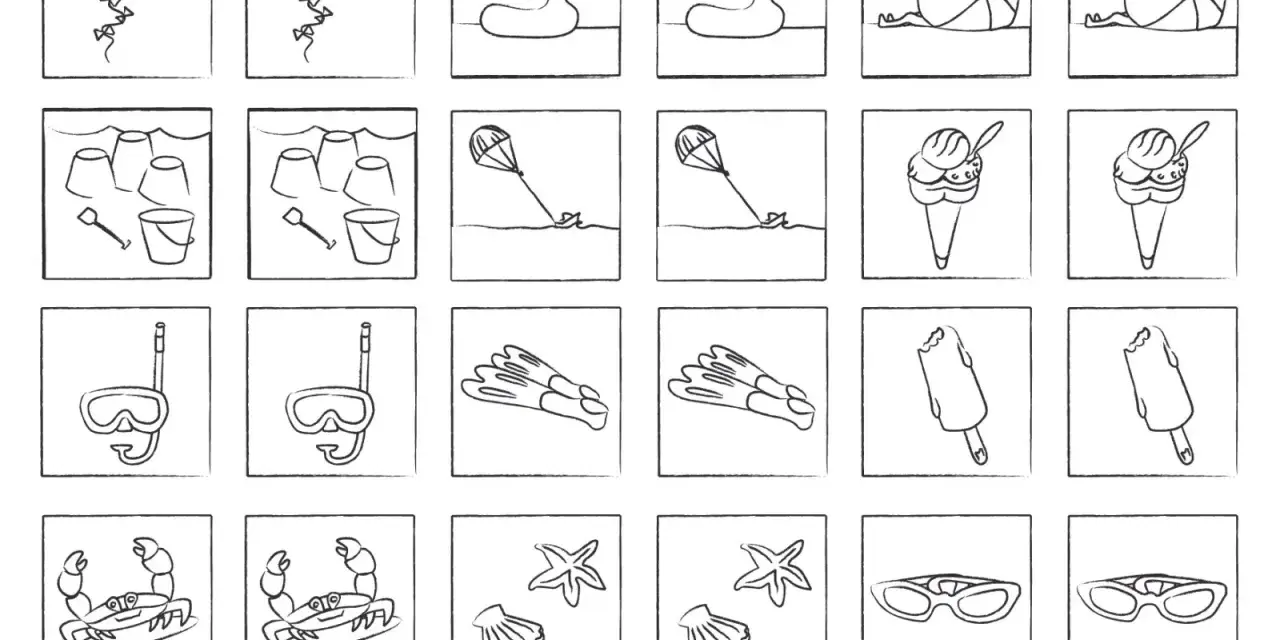 Serie di disegni estivi per giochi da stampare: aquiloni, secchielli, maschere, gelati, granchi, stelle marine e occhiali da sole.