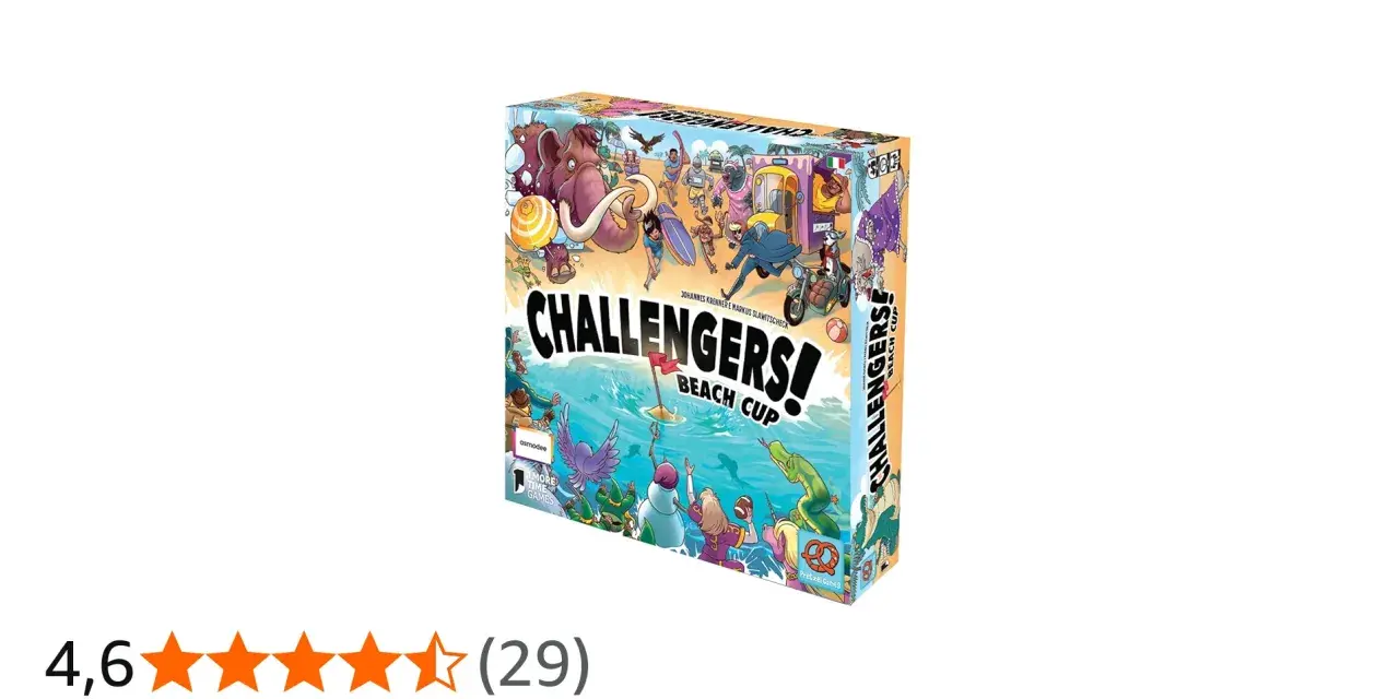 Scatola del gioco da tavolo "Challengers! Beach Cup" con personaggi stravaganti su una spiaggia e in mare.