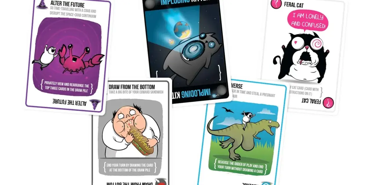 Carte da Exploding Kittens: Imploding Kitten, Feral Cat, Alter the Future, Draw from the Bottom e Reverse.