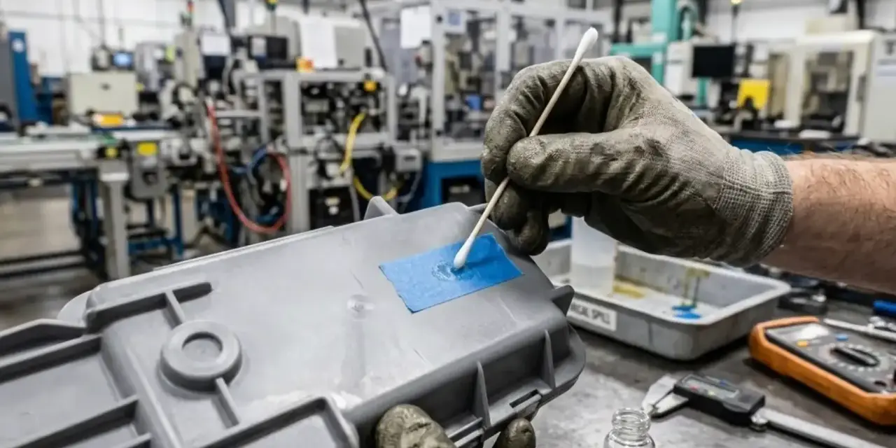Guanto con cotton fioc applica solvente su plastica, un metodo per togliere la vernice.