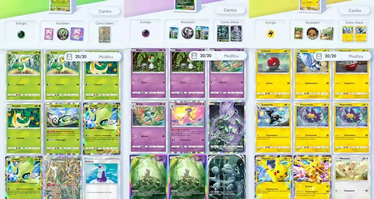 Tre mazzi di carte Pokémon, uno verde con Celebi, uno viola con Gardevoir, e uno giallo con Pikachu, pronti per il meta.