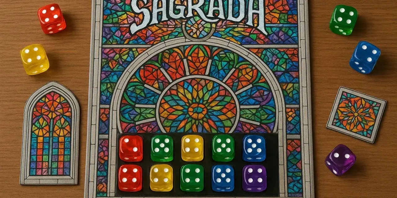 Il gioco da tavolo Sagrada, con dadi colorati e un design ispirato alle vetrate, pronto per una partita.