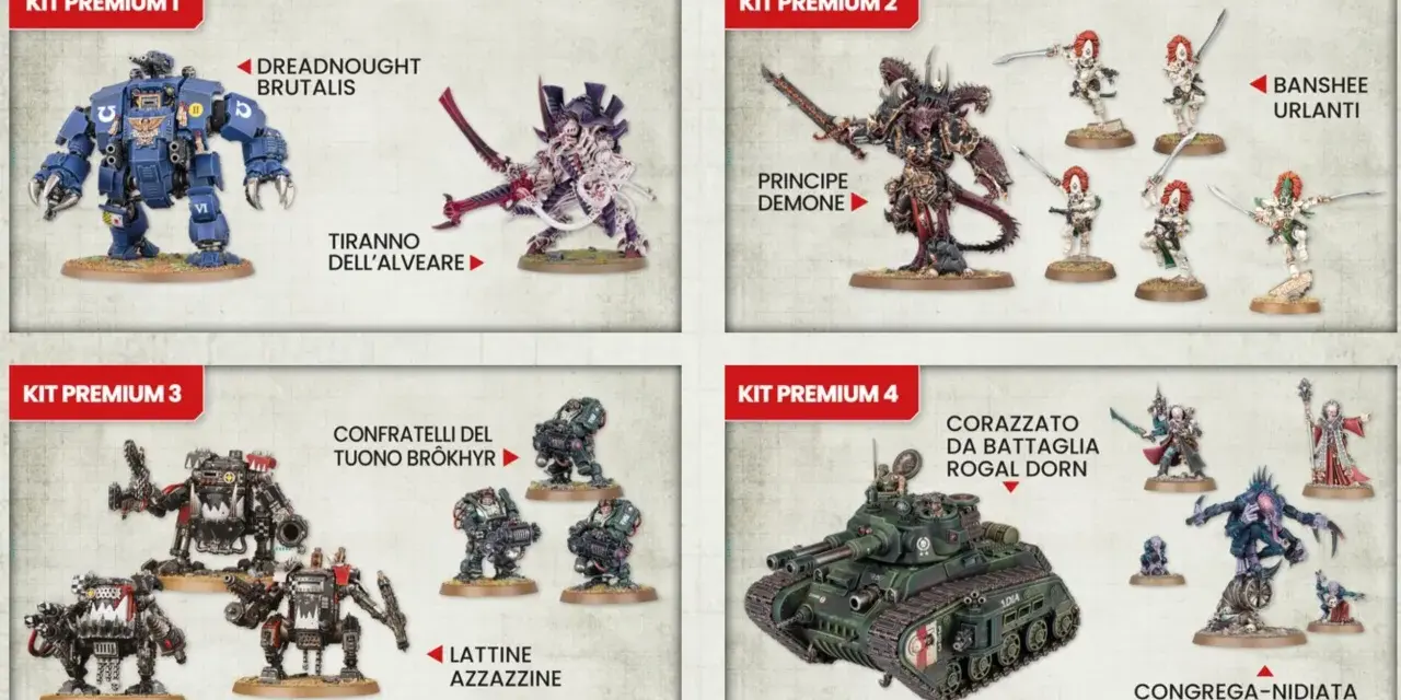 Kit Warhammer edicola: Dreadnought, Tiranno, Principe Demone, Banshee, Orki, Rogal Dorn e Congrega-Nidiata.
