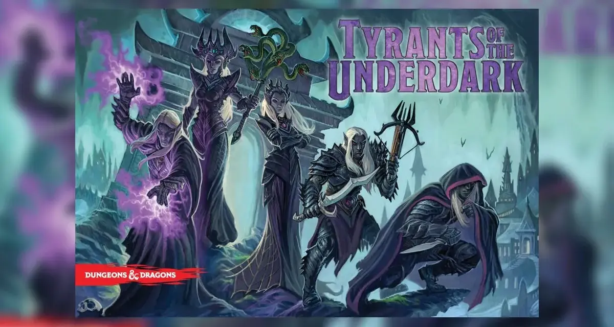 I tiranni dell'Underdark, elfi oscuri con armature e armi minacciose, preparano un attacco in un paesaggio sotterraneo.