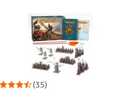 Set di miniature per Warhammer Fantasy: soldati, cavalieri alati e un libro regole.