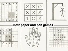 Sei giochi da stampare per adulti: battaglia navale, tris, l'impiccato, cruciverba, gioco della mano e griglia con X e O.