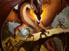 Un drago sputa fuoco, minacciando un gruppo di avventurieri. I pericoli sono ovunque, ma il coraggio non manca.