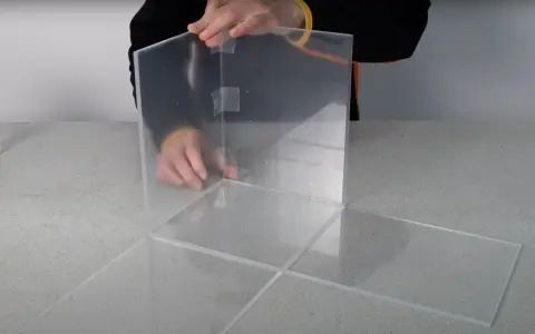 Costruzione di una teca in plexiglass fai da te, con pannelli trasparenti assemblati con nastro adesivo.