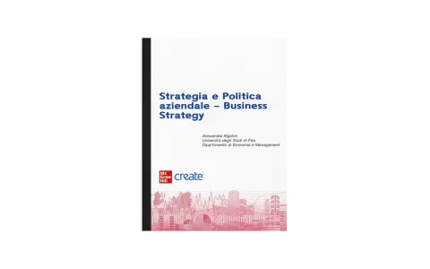 Copertina libro "Strategia e Politica aziendale - Business Strategy" di Alessandra Rigolini. Grafici e skyline suggeriscono la complessità e il power struggle nel mondo del business.