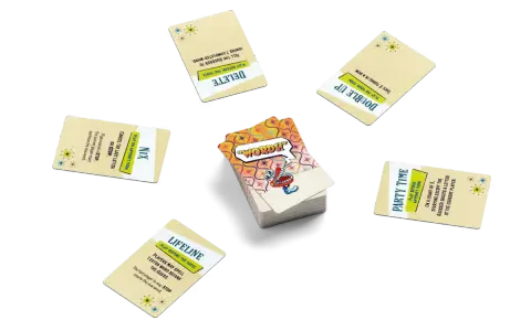 Carte da gioco con scritte come "DELETE", "DOUBLE UP", "PARTY TIME", "LIFELINE" e "NIX", che illustrano le regole del gioco "nome in codice regole".