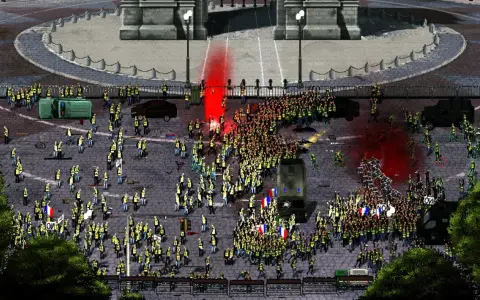 Un grande corteo di persone con giubbotti gialli e bandiere francesi, in un'ambientazione che ricorda un gioco da tavolo.