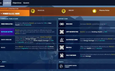 Fortnite loadout screen showing "Power B.A.S.E. Knox" constructor, perks, and support team abilities.