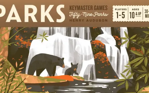 Copertina del gioco da tavolo PARKS: un orso e un cucciolo vicino a una cascata, con alberi autunnali.