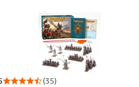 Set di miniature per Warhammer Fantasy: soldati, cavalieri alati e un libro regole.