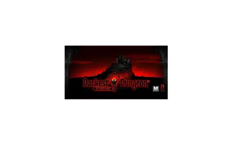 Il **Darkest Dungeon gioco da tavolo** presenta un castello oscuro su una collina, con un cielo rosso sangue e il logo del gioco.
