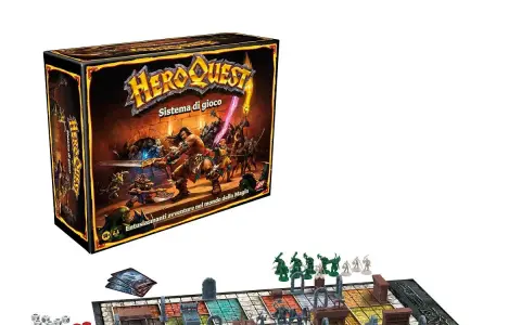 HeroQuest board game box art and game board with miniatures and dice.