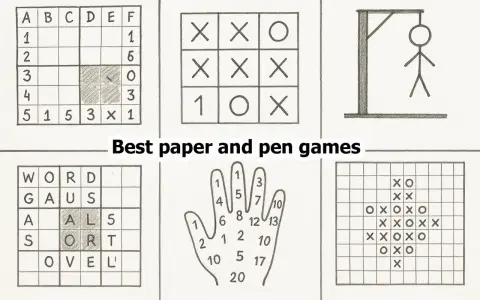 Sei giochi da stampare per adulti: battaglia navale, tris, l'impiccato, cruciverba, gioco della mano e griglia con X e O.