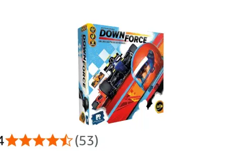 Scatola del gioco da tavolo "Down Force", con auto da corsa e un casco arancione. Un gioco di rischio e velocità.
