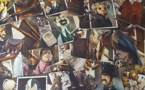 Collage di carte illustrate per il mysterium gioco recensione: personaggi vittoriani, oggetti d'epoca, indizi per un'avventura investigativa.