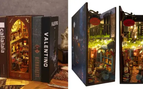 Un book nook cos'è? Un mondo in miniatura tra i libri: una libreria segreta e un vicolo illuminato.