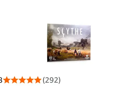 Copertina del gioco da tavolo Scythe, con un paesaggio rurale post-bellico e robot. Il regolamento è incluso.