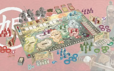 La mia recensione di Rising Sun: un gioco da tavolo strategico con miniature dettagliate, un tabellone che raffigura il Giappone feudale e tante pedine colorate.