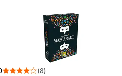 Scatola del gioco da tavolo "Mascarade", con maschere bianche e decorazioni colorate su sfondo nero. Un divertente gioco di bluff e identità.
