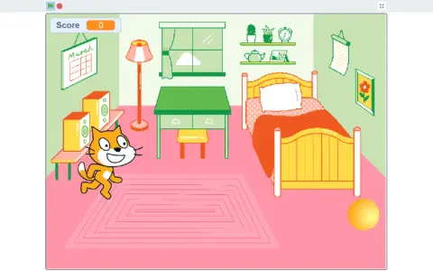 Gatto arancione corre in una stanza con letto, scrivania e pallina. Un progetto di scratch building.