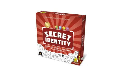 Scatola del gioco da tavolo "Secret Identity". Un gioco di deduzione dove i giocatori usano simboli per descrivere personaggi misteriosi.