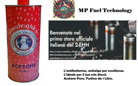 Fustino rosso con etichetta "Acetone Puro" e logo "Sprint Chimica". Accanto, testo promozionale per "MP Fuel Technology" e un additivo diesel.
