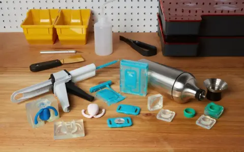 Attrezzi per la lavorazione della resina, inclusi stampi in silicone, pistola per colla e contenitori, utili per capire come pulire gli stampi in silicone dalla resina.