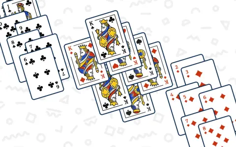 Carte da gioco sparse, tra cui Re di cuori e fiori, e sequenze di carte di quadri e fiori. Un gioco di carte come Macao.