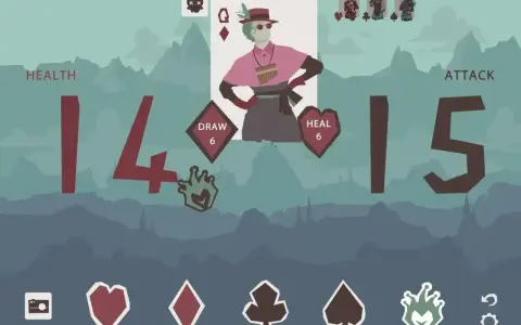 Schermata di gioco con personaggio stilizzato, carte e statistiche. Il regolamento del regicide è chiaro: salute 14, attacco 15.