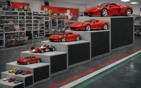 Una tabella scala modellismo auto Ferrari, con modelli di diverse dimensioni disposti su gradini.