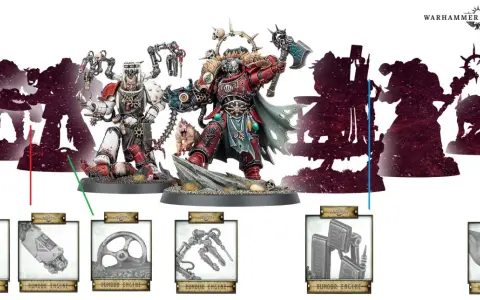 Eroi di Warhammer Italia in posa, con silhouette di guerrieri e dettagli di equipaggiamento.