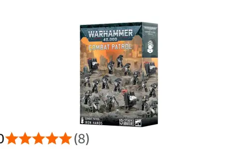 Scatola di Warhammer 40,000 Combat Patrol con miniature degli Iron Hands, pronte per la battaglia.