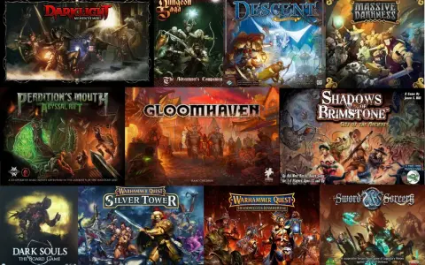 Collezione di copertine di giochi da tavolo, tra cui diversi giochi di ruolo dungeon crawler come Gloomhaven e Descent.