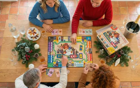 Famiglia riunita attorno a un tavolo di legno per divertenti giochi sociali, con un gioco da tavolo, carte, bevande e decorazioni natalizie.