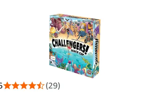 Scatola del gioco da tavolo "Challengers! Beach Cup" con personaggi stravaganti su una spiaggia e in mare.