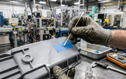 Guanto con cotton fioc applica solvente su plastica, un metodo per togliere la vernice.