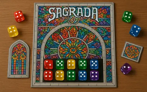 Il gioco da tavolo Sagrada, con dadi colorati e un design ispirato alle vetrate, pronto per una partita.