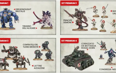 Kit Warhammer edicola: Dreadnought, Tiranno, Principe Demone, Banshee, Orki, Rogal Dorn e Congrega-Nidiata.