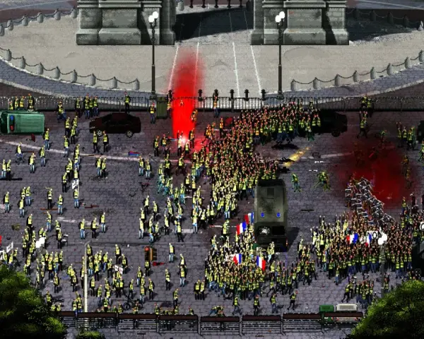 Un grande corteo di persone con giubbotti gialli e bandiere francesi, in un'ambientazione che ricorda un gioco da tavolo.