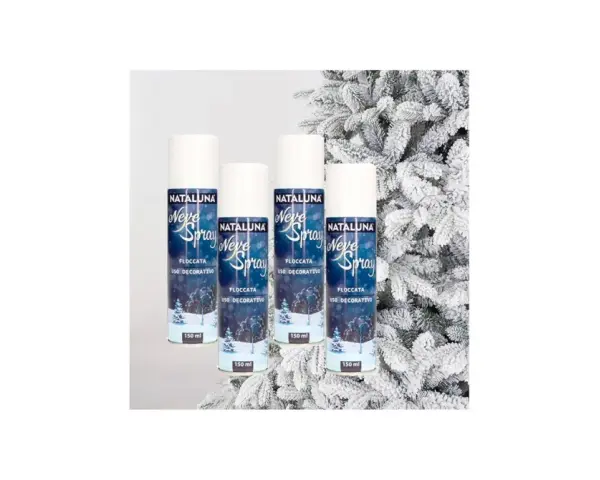 Quattro bombolette di neve spray Nataluna, per creare un effetto flocccata decorativo su alberi e decorazioni natalizie.
