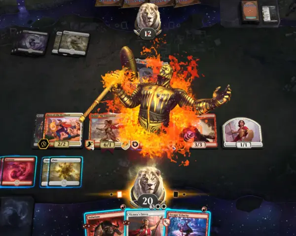 Un giocatore sta imparando come si gioca a Magic, con creature in fiamme e carte sul campo di battaglia.