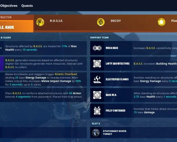 Fortnite loadout screen showing "Power B.A.S.E. Knox" constructor, perks, and support team abilities.